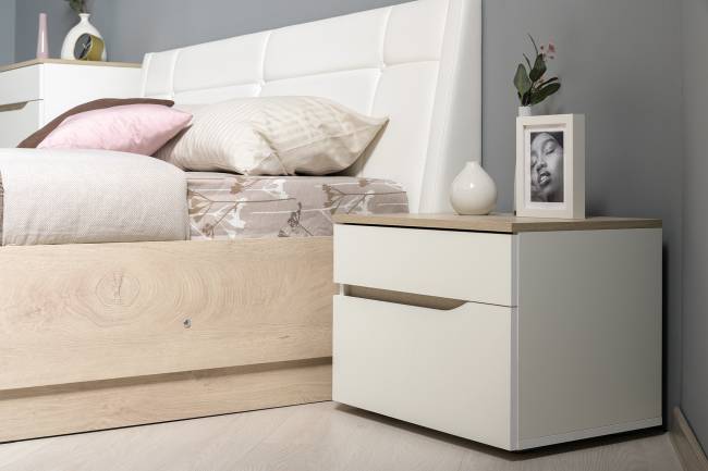 Мебель для спальни Муссон № 4 цвет белый/дуб эндгрейн элегантный/искусственная кожа белая, кровать подъёмным основанием