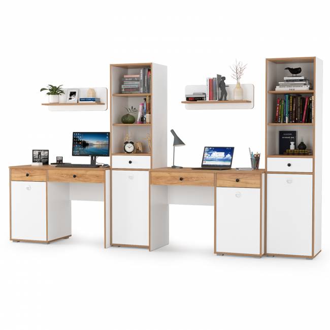 Два письменных стола с открытыми полками Вуди и два пенала для тетрадей и учебников цвет белый премиум/дуб крафт золотой Два письменных стола с открытыми полками Вуди и два пенала для тетрадей и учебников цвет белый премиум/дуб крафт золотой