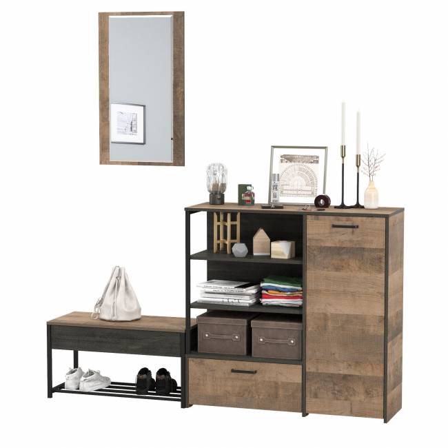 Комод с нишами и ящиком с обувницей с сиденьем и зеркалом Трувор цвет дуб гранж песочный/интра Комод с нишами и ящиком с обувницей с сиденьем и зеркалом Трувор цвет дуб гранж песочный/интра