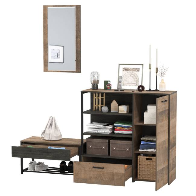 Комод с нишами и ящиком с обувницей с сиденьем и зеркалом Трувор цвет дуб гранж песочный/интра Комод с нишами и ящиком с обувницей с сиденьем и зеркалом Трувор цвет дуб гранж песочный/интра