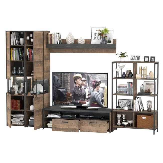 Стенка для гостиной Трувор № 29 дизайн в стиле лофт есть подсветка цвет дуб гранж песочный/интра