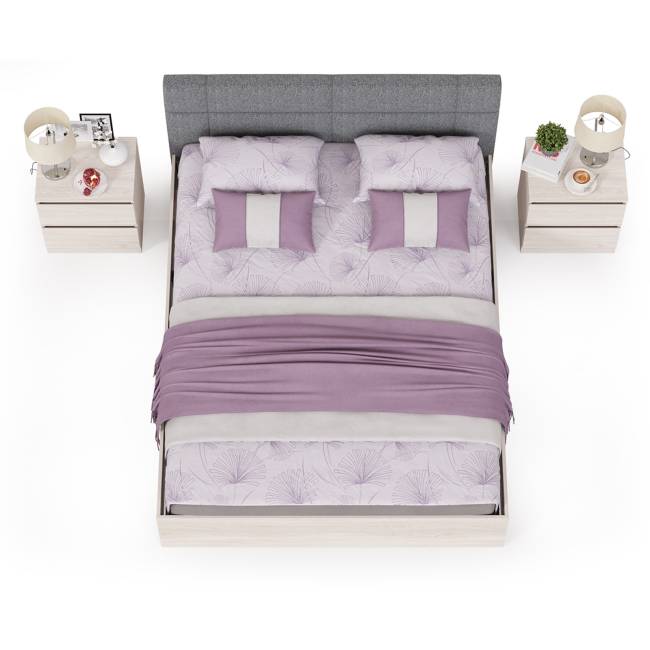 Двуспальная кровать с мягкой спинкой с основанием и двумя тумбочками Ника цвет ясень анкор светлый Двуспальная кровать с мягкой спинкой с основанием и двумя тумбочками Ника цвет ясень анкор светлый