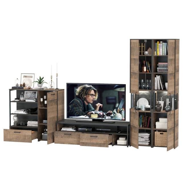 Стенка в гостиную лофт с подсветкой Трувор № 36 цвет дуб гранж песочный/интра