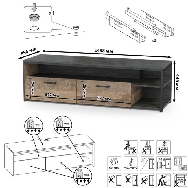 Стенка в гостиную лофт с подсветкой Трувор № 36 цвет дуб гранж песочный/интра