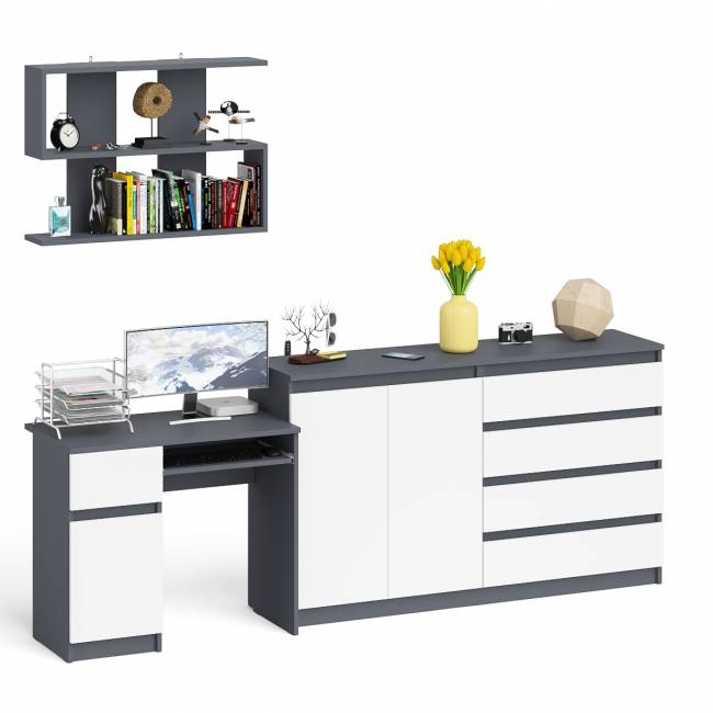 Стол компьютерный дверка и выдвижной ящик слева с комодом МК1600.1 и полкой Мори 900 цвет графит/белый Стол компьютерный дверка и выдвижной ящик слева с комодом МК1600.1 и полкой Мори 900 цвет графит/белый