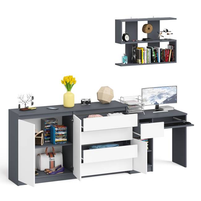 Стол компьютерный дверка и выдвижной ящик слева с комодом МК1600.1 и полкой Мори 900 цвет графит/белый Стол компьютерный дверка и выдвижной ящик слева с комодом МК1600.1 и полкой Мори 900 цвет графит/белый