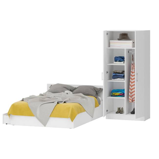 Двуспальная Кровать белая с ящиками 1400 со шкафом для одежды 2-х створчатым Стандарт цвет белый Двуспальная Кровать белая с ящиками 1400 со шкафом для одежды 2-х створчатым Стандарт цвет белый