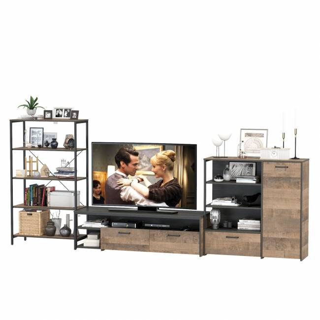 Комод с дверкой и ящиком с ТВ-тумбой для гостиной Трувор и открытый стеллаж с полками цвет дуб гранж песочный/интра Комод с дверкой и ящиком с ТВ-тумбой для гостиной Трувор и открытый стеллаж с полками цвет дуб гранж песочный/интра