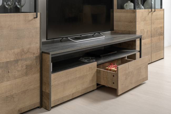 Комод с дверкой и ящиком с ТВ-тумбой для гостиной Трувор и открытый стеллаж с полками цвет дуб гранж песочный/интра Комод с дверкой и ящиком с ТВ-тумбой для гостиной Трувор и открытый стеллаж с полками цвет дуб гранж песочный/интра