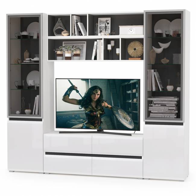 Сидней стенка для гостиной № 38 цвет белый/чёрный/фасады МДФ белый глянец Сидней стенка для гостиной № 38 цвет белый/чёрный/фасады МДФ белый глянец