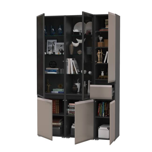 Два шкафа-витрины Сидней 13.201 и пенал-шкаф с ящиком Сидней цвет антрацит/МДФ веллюто капучино Два шкафа-витрины Сидней 13.201 и пенал-шкаф с ящиком Сидней цвет антрацит/МДФ веллюто капучино