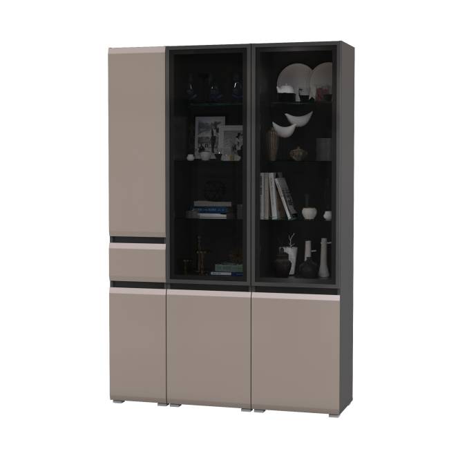 Два шкафа-витрины Сидней 13.201 и пенал-шкаф с ящиком Сидней цвет антрацит/МДФ веллюто капучино Два шкафа-витрины Сидней 13.201 и пенал-шкаф с ящиком Сидней цвет антрацит/МДФ веллюто капучино