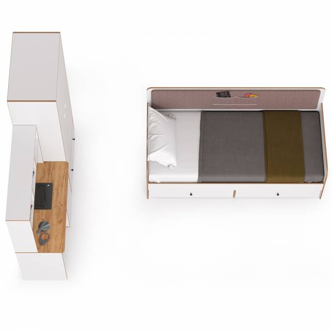 Вуди мебель в детскую с кроватью с ящиками № 38 цвет белый премиум/дуб крафт золотой/саванна латте