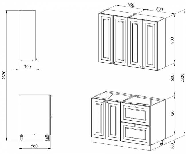 Кухня 1.2 х 2.32 м, массив сосны, без покраски