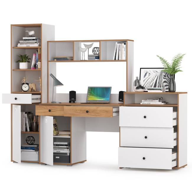 Компьютерный стол, стеллаж и комод с нишей Вуди № 50 цвет белый премиум/дуб крафт золотой Компьютерный стол, стеллаж и комод с нишей Вуди № 50 цвет белый премиум/дуб крафт золотой