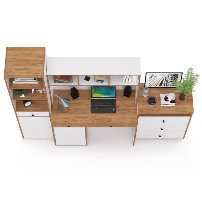 Компьютерный стол, стеллаж и комод с нишей Вуди № 50 цвет белый премиум/дуб крафт золотой Компьютерный стол, стеллаж и комод с нишей Вуди № 50 цвет белый премиум/дуб крафт золотой