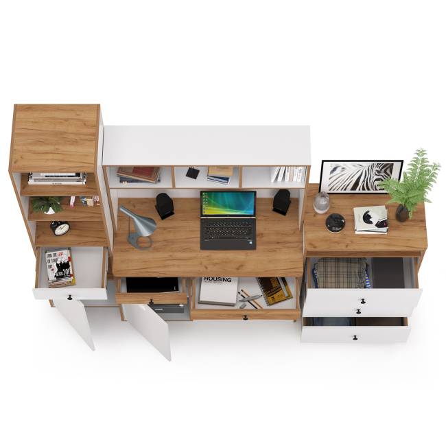 Компьютерный стол, стеллаж и комод с нишей Вуди № 50 цвет белый премиум/дуб крафт золотой Компьютерный стол, стеллаж и комод с нишей Вуди № 50 цвет белый премиум/дуб крафт золотой