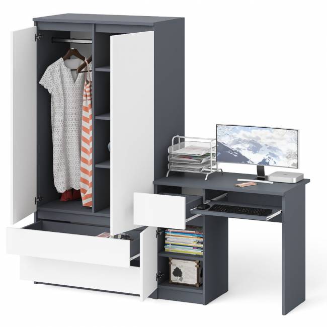 Шкаф-комод Мори МШ900 2 ящика и две дверки со столом компьютерным МС-1 левым Мори цвет графит/белый Шкаф-комод Мори МШ900 2 ящика и две дверки со столом компьютерным МС-1 левым Мори цвет графит/белый