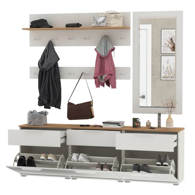 Три обувницы с зеркалом и вешалками для одежды Октава цвет белый шагрень/дуб крафт золотой Три обувницы с зеркалом и вешалками для одежды Октава цвет белый шагрень/дуб крафт золотой