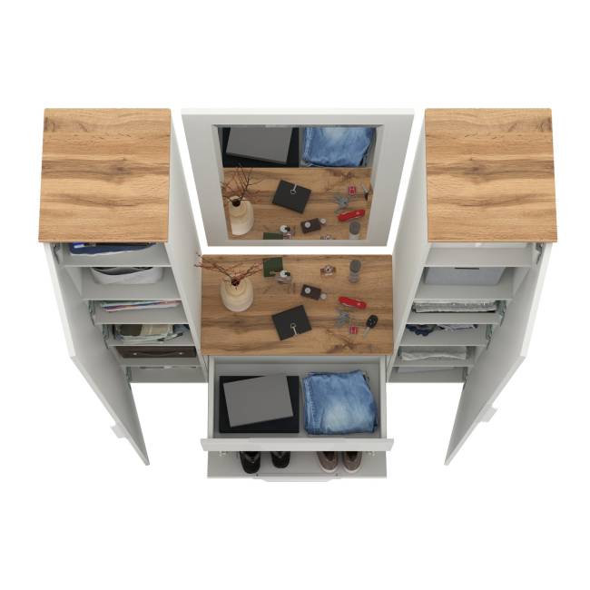 Два шкаф-пенала и обувница с ящиком с зеркалом Октава цвет белый шагрень/дуб крафт золотой