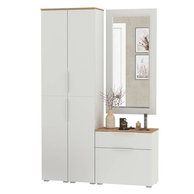 Два шкаф-пенала и обувница с ящиком с зеркалом Октава цвет белый шагрень/дуб крафт золотой