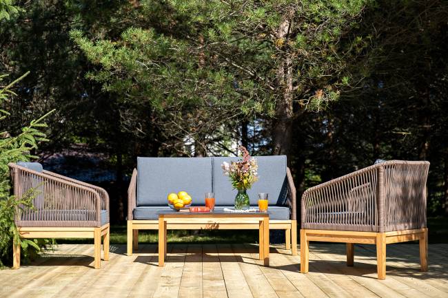 "Канны" лаунж-зона 4-местная из роупа со столиком "Канны" (серый гранит), основание дуб, роуп коричневый