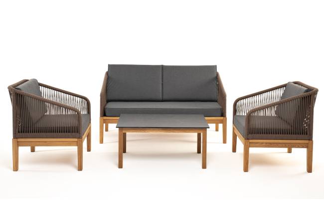 "Канны" лаунж-зона 4-местная из роупа со столиком "Канны" (серый гранит), основание дуб, роуп коричневый