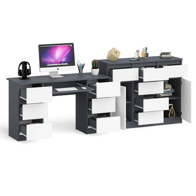Двухтумбовый стол компьютерный МС-2 с ящиками и тумба-комод МК1200.4 Мори цвет графит/белый Двухтумбовый стол компьютерный МС-2 с ящиками и тумба-комод МК1200.4 Мори цвет графит/белый