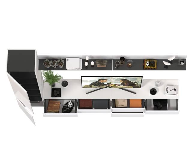 Две ТВ-тумбы с двумя навесными полочками и шкафом с полками Сидней цвет белый/чёрный/МДФ белый глянец Две ТВ-тумбы с двумя навесными полочками и шкафом с полками Сидней цвет белый/чёрный/МДФ белый глянец