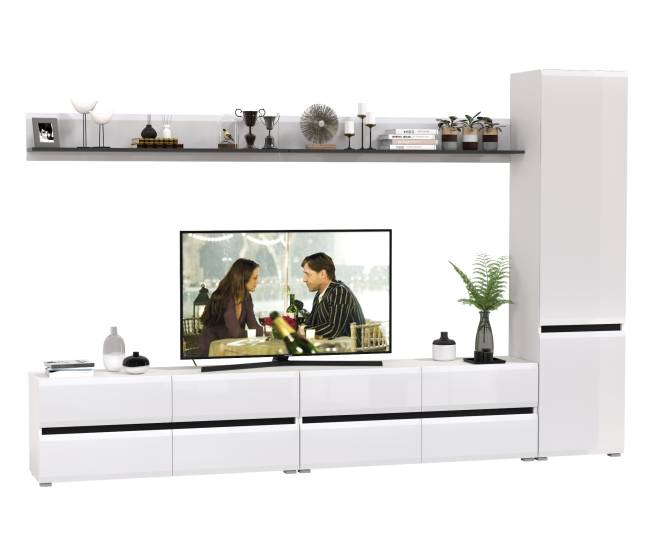 Две ТВ-тумбы с двумя навесными полочками и шкафом с полками Сидней цвет белый/чёрный/МДФ белый глянец Две ТВ-тумбы с двумя навесными полочками и шкафом с полками Сидней цвет белый/чёрный/МДФ белый глянец