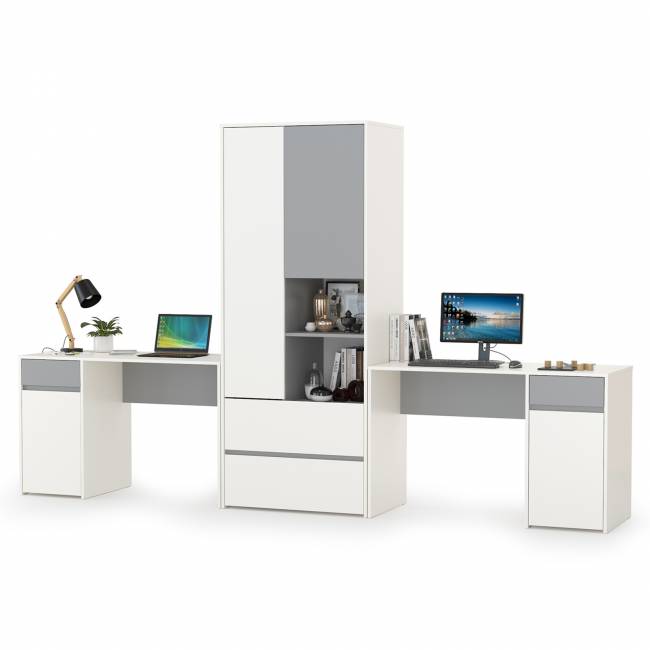 Компьютерные столы и шкаф для одежды Торонто цвет белый шагрень/стальной серый