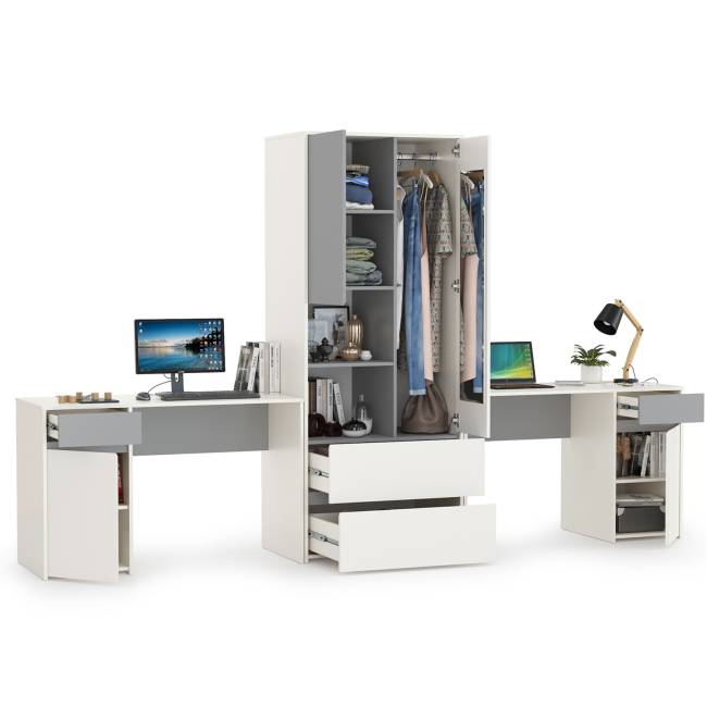 Компьютерные столы и шкаф для одежды Торонто цвет белый шагрень/стальной серый