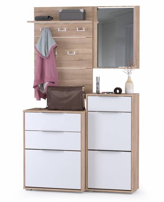 Обувница 13.113 + Вешалка 10.122 + обувница 13.114 + Зеркало Куба цвет дуб сонома/белый премиум Обувница 13.113 + Вешалка 10.122 + обувница 13.114 + Зеркало Куба цвет дуб сонома/белый премиум