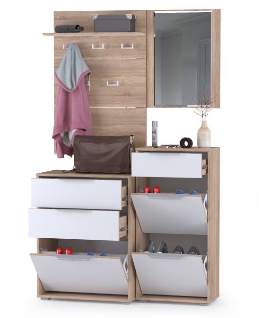 Обувница 13.113 + Вешалка 10.122 + обувница 13.114 + Зеркало Куба цвет дуб сонома/белый премиум Обувница 13.113 + Вешалка 10.122 + обувница 13.114 + Зеркало Куба цвет дуб сонома/белый премиум