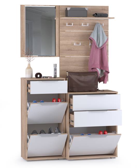 Обувница 13.113 + Вешалка 10.122 + обувница 13.114 + Зеркало Куба цвет дуб сонома/белый премиум Обувница 13.113 + Вешалка 10.122 + обувница 13.114 + Зеркало Куба цвет дуб сонома/белый премиум