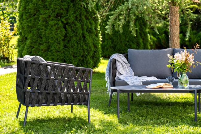 "Диего" лаунж-зона 4-местная плетеная из роупа (веревки), каркас алюминиевый темно-серый, роуп темно-серый "Диего" лаунж-зона 4-местная плетеная из роупа (веревки), каркас алюминиевый темно-серый, роуп темно-серый