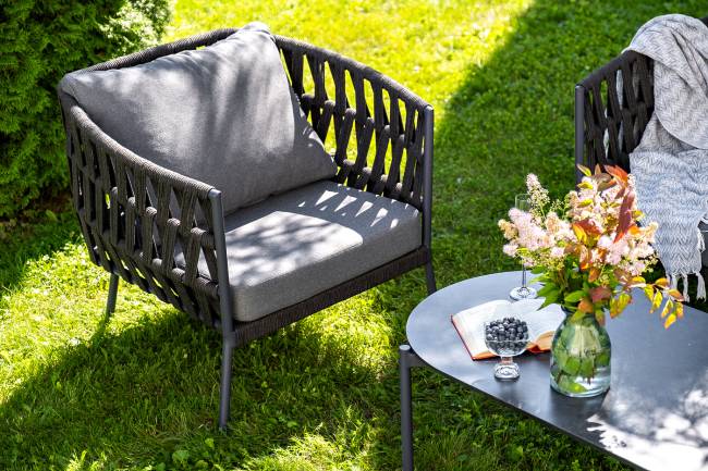 "Диего" лаунж-зона 4-местная плетеная из роупа (веревки), каркас алюминиевый темно-серый, роуп темно-серый "Диего" лаунж-зона 4-местная плетеная из роупа (веревки), каркас алюминиевый темно-серый, роуп темно-серый