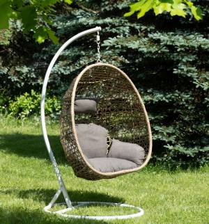 "Флоренция" подвесное кресло-кокон из искусственного ротанга, цвет соломенный с серой подушкой