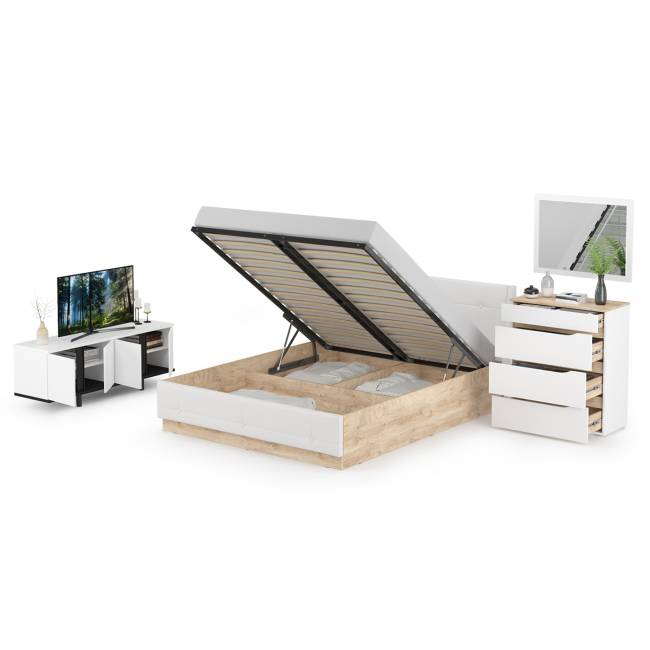Муссон Кровать 1600 с подъёмным механизмом с тумбой TV 13.276 и зеркалом СВК цвет белый/чёрный/дуб эндгрейн элегантный/кожзам белый Муссон Кровать 1600 с подъёмным механизмом с тумбой TV 13.276 и зеркалом СВК цвет белый/чёрный/дуб эндгрейн элегантный/кожзам белый
