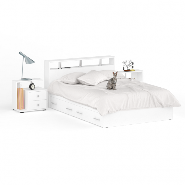 Кровать с ящиками 1400 Камелия + две тумбы цвет белый