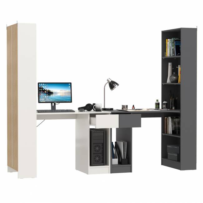 Два стола письменных со стеллажом с полками Лайт 10.01 цвет белый гладкий/тёмно-серый Два стола письменных со стеллажом с полками Лайт 10.01 цвет белый гладкий/тёмно-серый