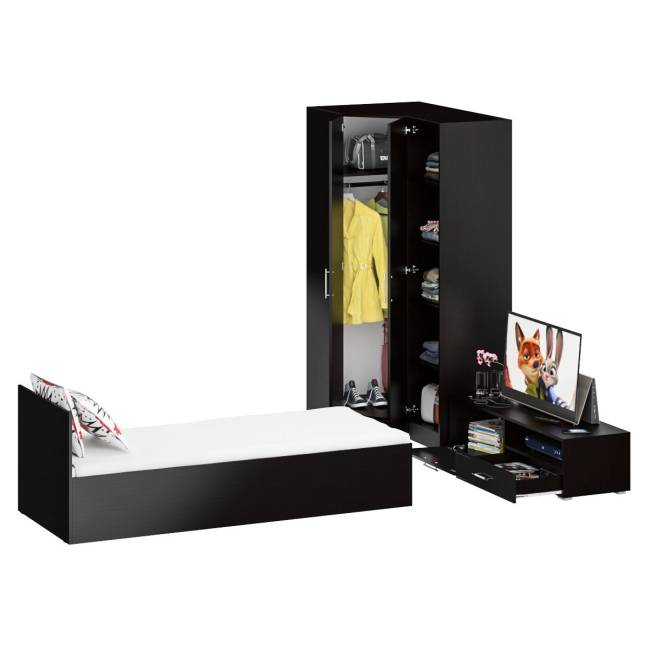 Мебель для спальни Стандарт № 4 с кроватью 800 цвет венге/фасады ТВ тумбы МДФ чёрный глянец