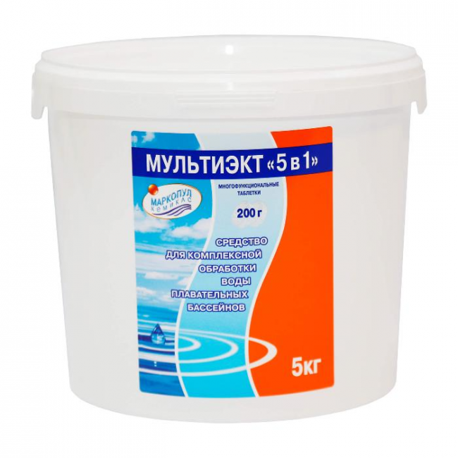 МУЛЬТИЭКТ "5 в 1", 5кг ведро, таблетки 200г, комплексное средство для обеззараживания и очистки воды МУЛЬТИЭКТ "5 в 1", 5кг ведро, таблетки 200г, комплексное средство для обеззараживания и очистки воды