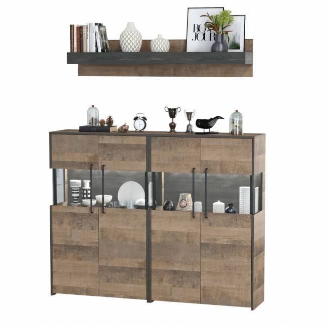 Два комода с витриной с подсветкой и навесная полка Трувор цвет дуб гранж песочный/интра