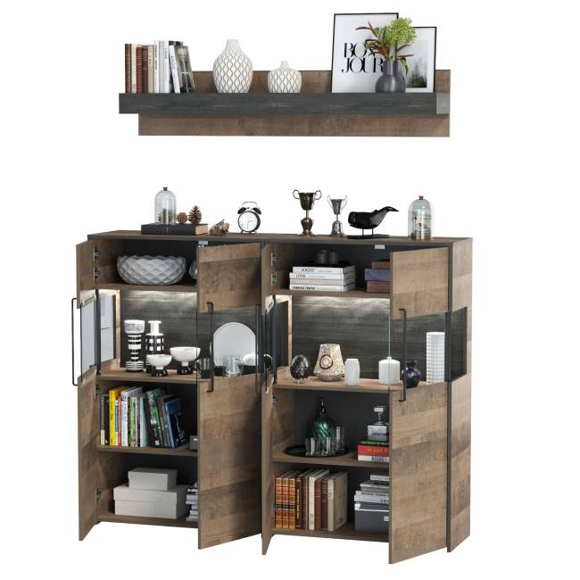 Два комода с витриной с подсветкой и навесная полка Трувор цвет дуб гранж песочный/интра