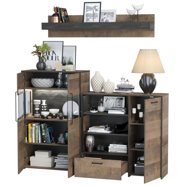 Комод с витриной с подсветкой и комод с дверкой и ящиком Трувор цвет дуб гранж песочный/интра