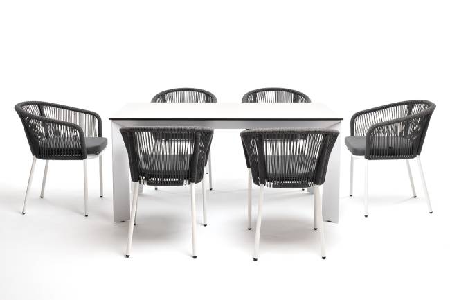 "Венето" обеденная группа на 6 персон со стульями "Марсель", каркас белый, роуп серый "Венето" обеденная группа на 6 персон со стульями "Марсель", каркас белый, роуп серый