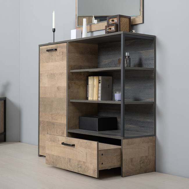 Два комода с ящиками с навесной полкой и комод с ящиком и дверкой в гостиную Трувор цвет дуб гранж песочный/интра