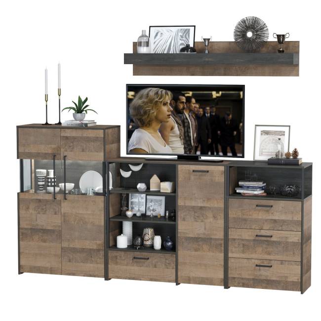 Комод с витриной с подсветкой с комодом с ящиком и дверкой и с комодом три ящика и ниша Трувор цвет дуб гранж песочный/интра Комод с витриной с подсветкой с комодом с ящиком и дверкой и с комодом три ящика и ниша Трувор цвет дуб гранж песочный/интра