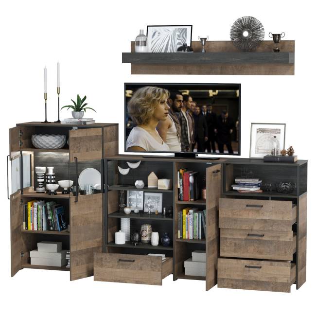 Комод с витриной с подсветкой с комодом с ящиком и дверкой и с комодом три ящика и ниша Трувор цвет дуб гранж песочный/интра Комод с витриной с подсветкой с комодом с ящиком и дверкой и с комодом три ящика и ниша Трувор цвет дуб гранж песочный/интра